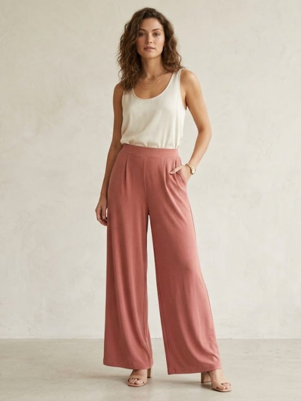 Pink High Waisted Jersey Knit‎ Wide Leg Dress Pants